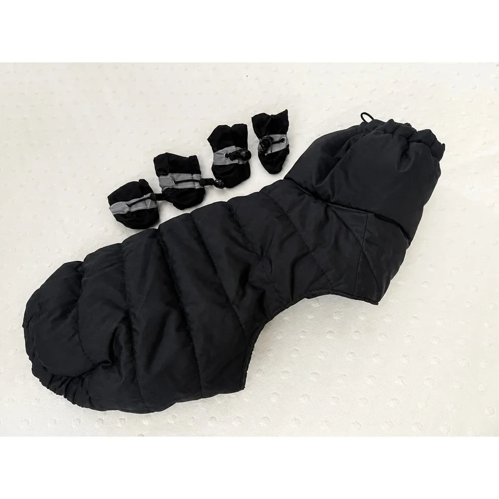 Small Dog Black Puffer Coat Vest Reflective Booties Winter Pet Jacket Set